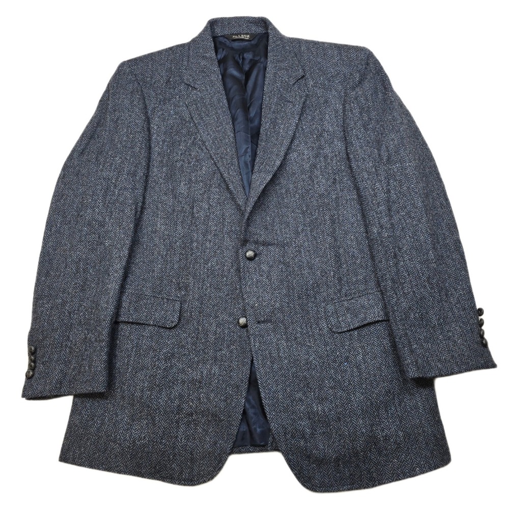 Jos A Bank Harris‎ Tweed Blazer Mens 44L Blue Herringbone Wool Sport Coat Jacket